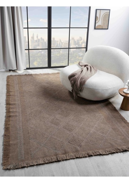 Antique Spt Light Brown - Dört Tarafı Saçaklı Pamuklu Yıkanabilir Kilim