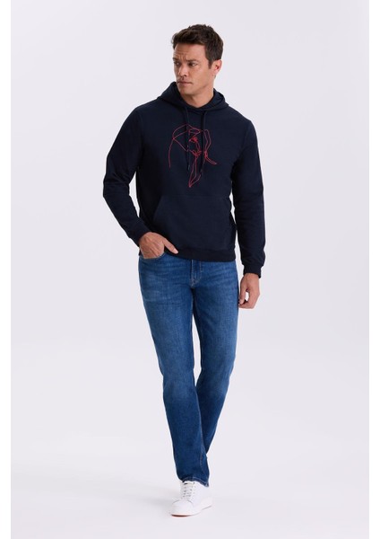 Lacivert Slim Fit Kapüşonlu Baskılı %100 Pamuk Sweatshirt