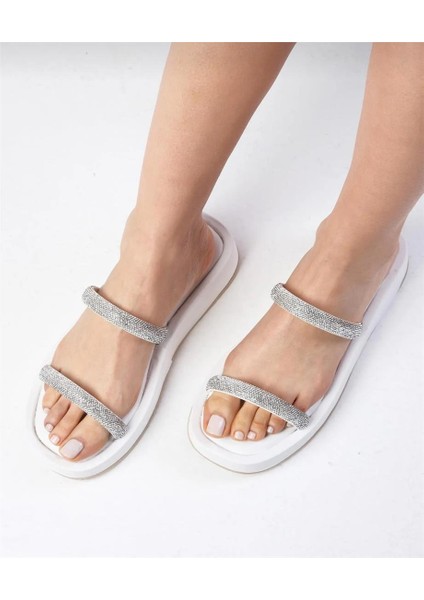 Kadın Taş Detaylı Çift Şerit Terlik Esnek Konforlu Bej Renkli Günlük Kullanım İçin modelleri