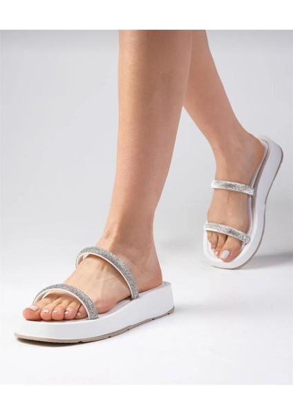 Kadın Taş Detaylı Çift Şerit Terlik Esnek Konforlu Bej Renkli Günlük Kullanım İçin indirimleri