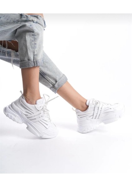 Kadın Bağcıklı Şeritli Spor Ayakkabı-Beyaz modelleri