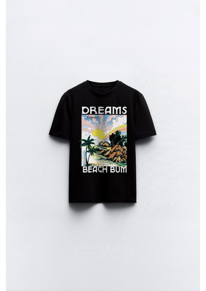 Dreams Beach Bum Yazılı Manzara Tasarım Baskılı Siyah Çocuk T-Shirt