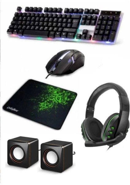 5in1 Oyuncu Klavye Mouse Mause Pad Seti Kablolu Rgb 1+1 Speaker Set Gamer Pc Oyun Seti Klavye Razer