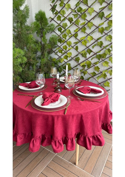 Soft Kumaş Leke Tutmaz Vintage Bordo Yuvarlak Fırfırlı Masa Örtüsü
