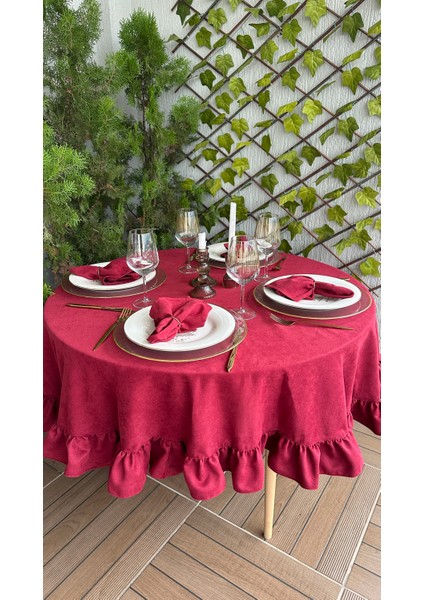 Soft Kumaş Leke Tutmaz Vintage Bordo Yuvarlak Fırfırlı Masa Örtüsü fiyatları