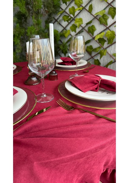 Soft Kumaş Leke Tutmaz Vintage Bordo Yuvarlak Fırfırlı Masa Örtüsü modelleri