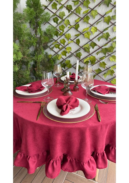 Soft Kumaş Leke Tutmaz Vintage Bordo Yuvarlak Fırfırlı Masa Örtüsü fırsatları