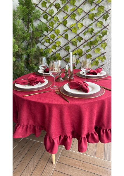 Soft Kumaş Leke Tutmaz Vintage Bordo Yuvarlak Fırfırlı Masa Örtüsü indirimleri