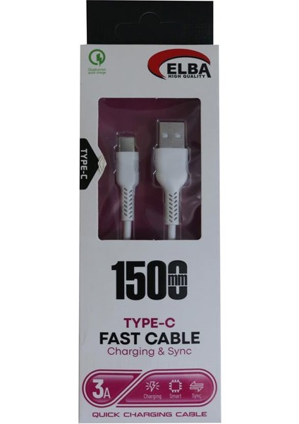 ELB37-T1 Type-C 1,5mt 3A Hızlı Şarj Beyaz Kablo