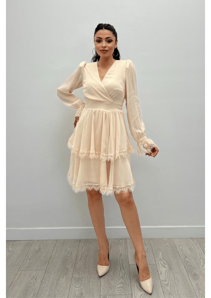 Sifon Kumaş Kruvaze Yaka Mini Elbise - Krem