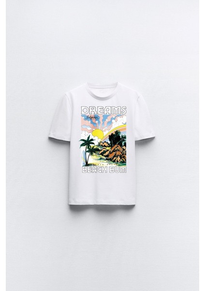 Dreams Beach Bum Yazılı Manzara Tasarım Baskılı Beyaz Çocuk T-Shirt