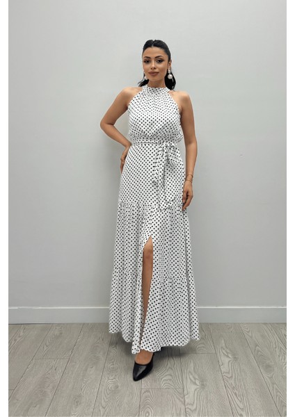 Viskon Kumas Puantiye Desenli Maxi Elbise - Beyaz