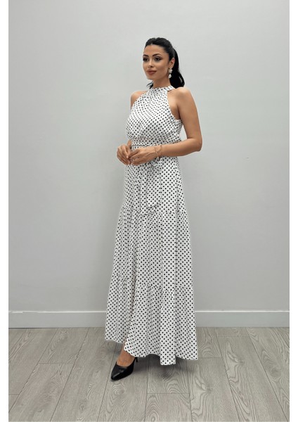 Viskon Kumas Puantiye Desenli Maxi Elbise - Beyaz fiyatları