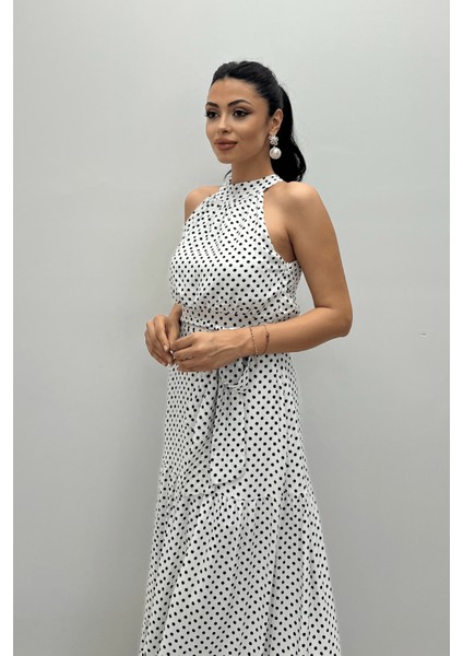 Viskon Kumas Puantiye Desenli Maxi Elbise - Beyaz modelleri