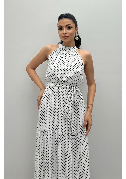 Viskon Kumas Puantiye Desenli Maxi Elbise - Beyaz fırsatları