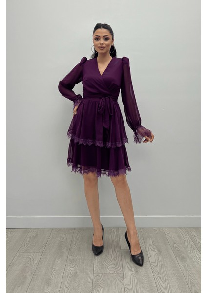 Sifon Kumaş Kruvaze Yaka Mini Elbise - Patlıcan Mor