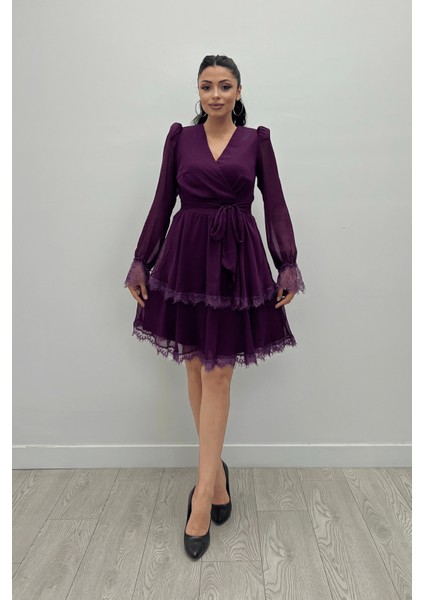 Sifon Kumaş Kruvaze Yaka Mini Elbise - Patlıcan Mor fiyatları