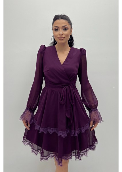 Sifon Kumaş Kruvaze Yaka Mini Elbise - Patlıcan Mor modelleri