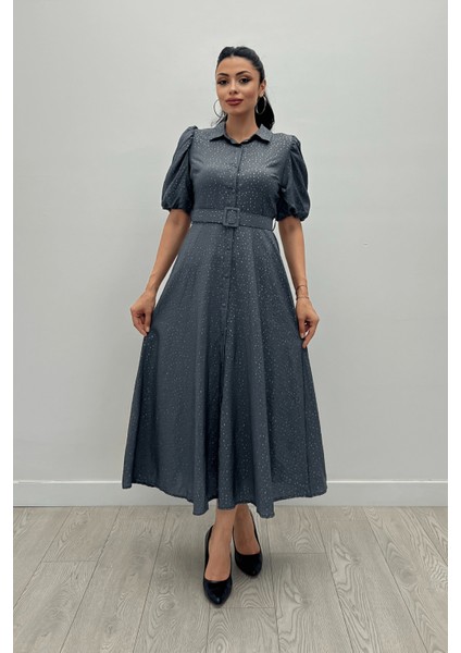 Cotton Kumaş Düğme Detaylı Gömlek Elbise - Gri