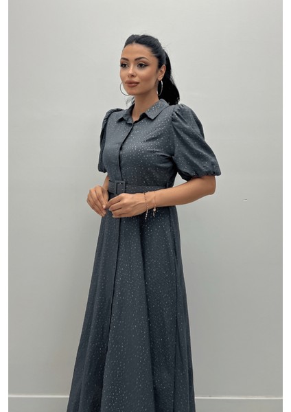 Cotton Kumaş Düğme Detaylı Gömlek Elbise - Gri modelleri