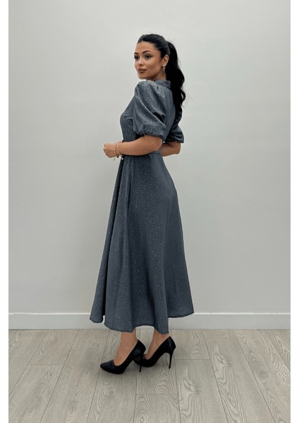 Cotton Kumaş Düğme Detaylı Gömlek Elbise - Gri fırsatları