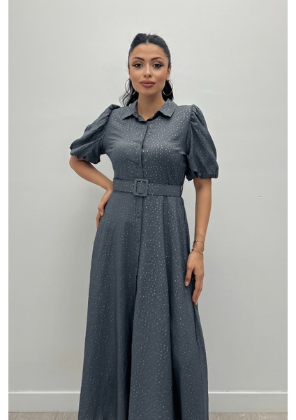 Cotton Kumaş Düğme Detaylı Gömlek Elbise - Gri indirimleri