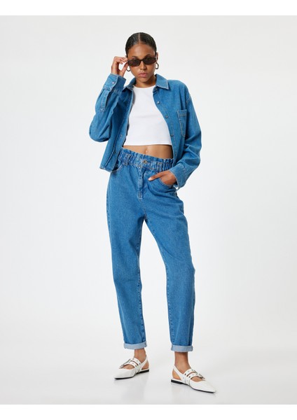 Beli Lastikli Yüksek Bel Düğmeli Paçası Katlı Kot Pantolon - Crop Mom Jean fiyatları