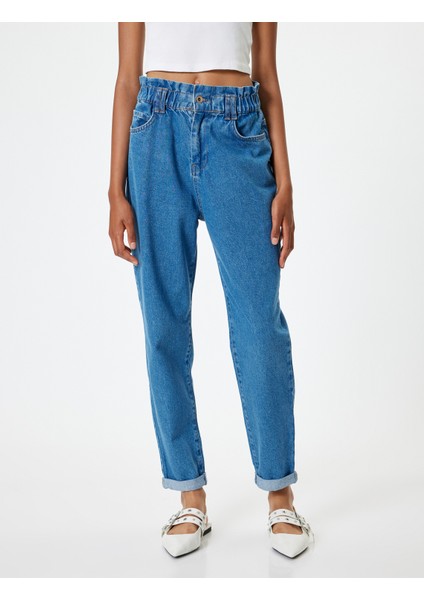 Beli Lastikli Yüksek Bel Düğmeli Paçası Katlı Kot Pantolon - Crop Mom Jean modelleri