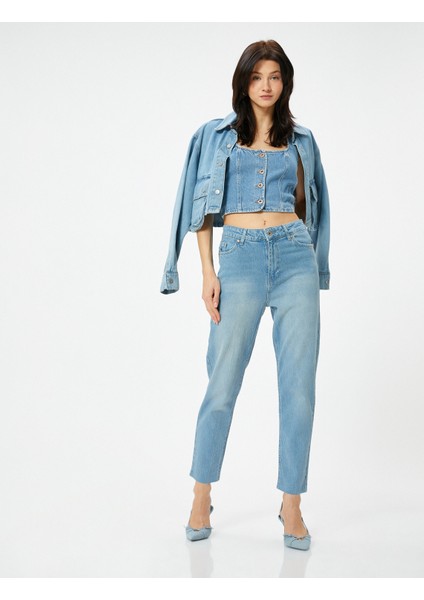Yüksek Bel Kot Pantolon Rahat Kesim Hafif Dar Paça - Mom Slim Jeans