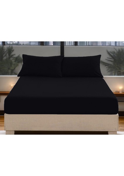 Pamuklu Düz Kumaştan Siyah Renkli Lastikli Çarşaf + Yastık Kılıflı