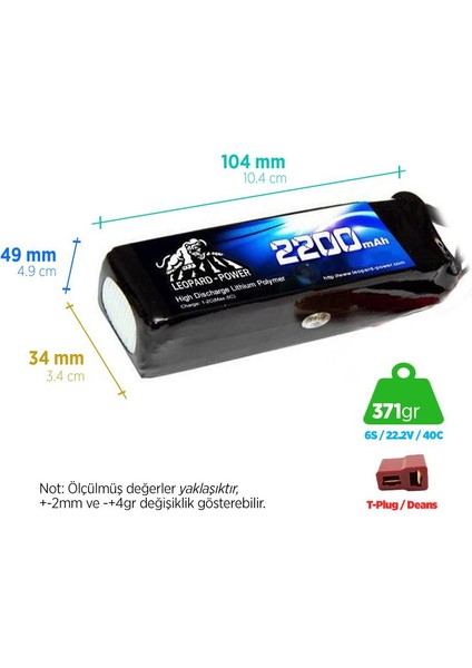 Leopard Power 2200 mAh 22.2V 6S 40C Lityum Polimer Lipo Batarya Pil T Plug