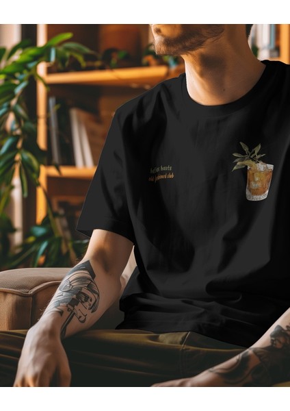 Old Fashioned Kokteyl Tasarım Relaxed Fit Erkek Önü Baskılı Tişört