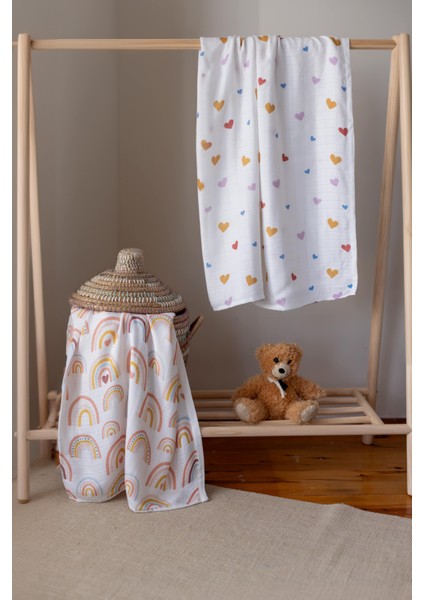 müslin Bambu Bebek Battaniyesi – Müslin Örtü - Gökkuşağı & Kalp Set