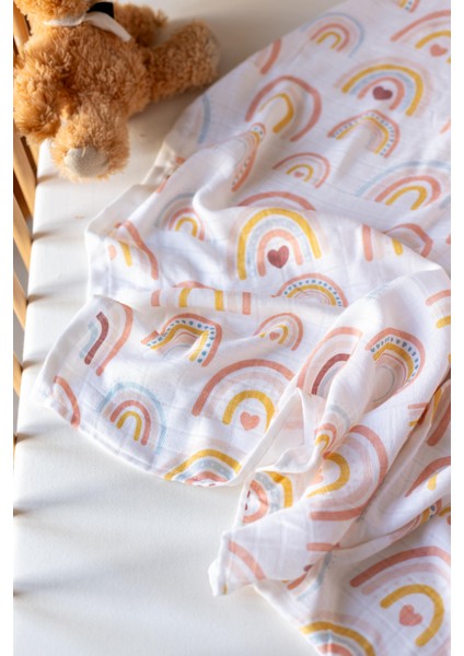 müslin Bambu Bebek Battaniyesi – Müslin Örtü - Gökkuşağı & Kalp Set fırsatları