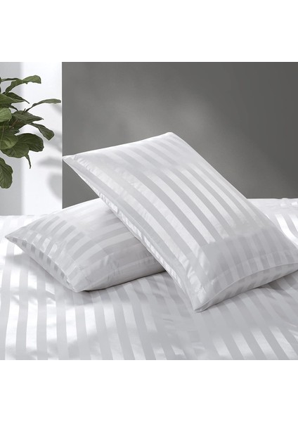 2 Adet Beyaz Çizgili Pamuk Saten Yastık Kılıfı 50X70 / Lüx Otel Tip