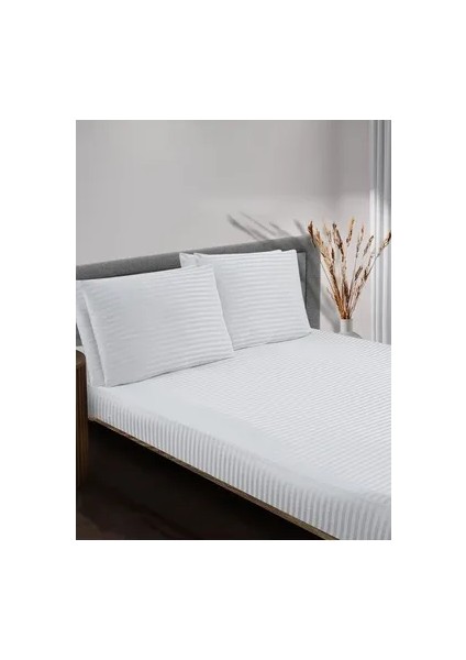 2 Adet Beyaz Çizgili Pamuk Saten Yastık Kılıfı 50X70 / Lüx Otel Tip fırsatları