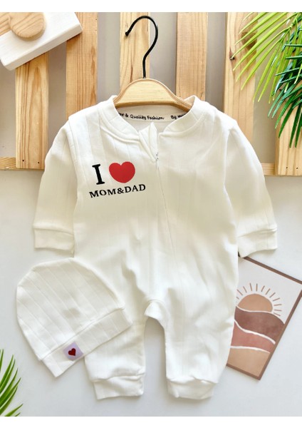 Yazı Baskılı Şapkalı Unisex Mevsimlik Bebek Tulum Set