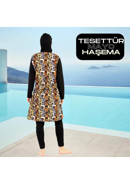 Tam Kapalı Taytlı Desenli Büyük Beden Tesettür Mayo Takım modelleri
