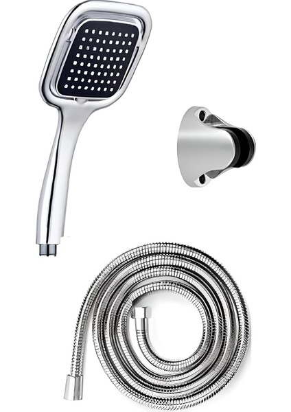 Siyah - Kare - Krom Duş Seti / Spiral Hortum + Duş Başlığı + Mafsal (Askılı) - Şık Tasarımlı Elegant Duş, Banyo Seti