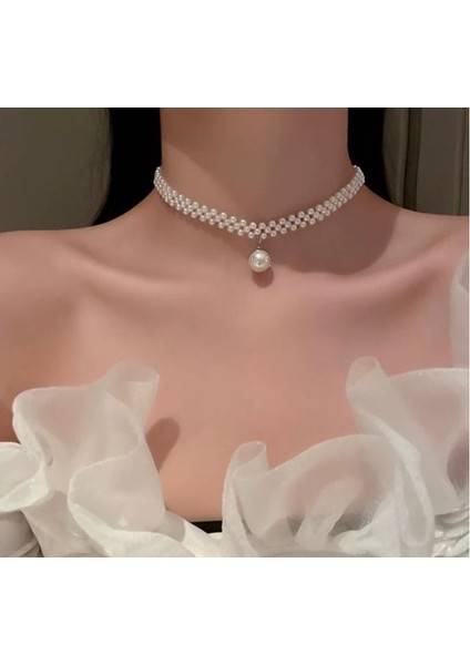 Tasarım Incili Choker Kolye Krem Renk