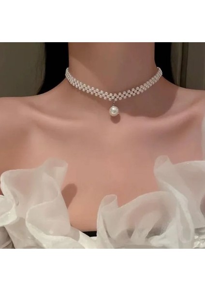 Tasarım Incili Choker Kolye Krem Renk