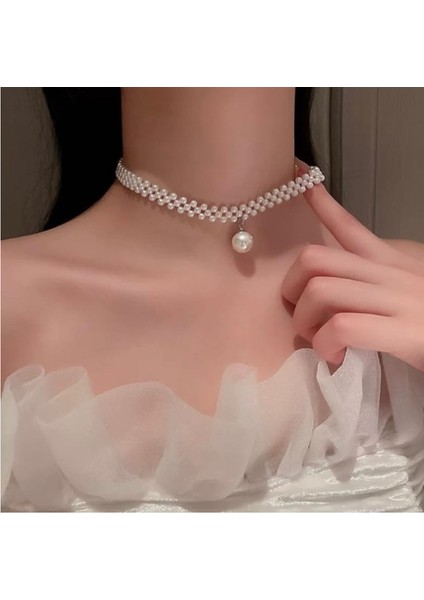 Tasarım Incili Choker Kolye Krem Renk