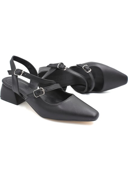 (Wiesse) Kapalı Burun Çift Tokalı Alçak Topuk Kadın Ayakkabı Siyah