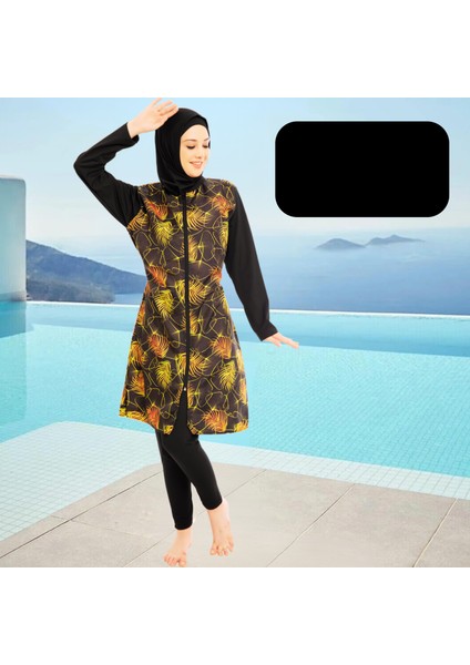 Tam Kapalı Taytlı Desenli Büyük Beden Tesettür Mayo Takım