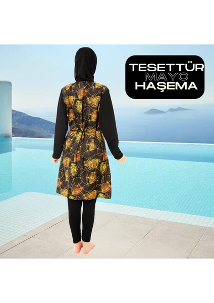 Tam Kapalı Taytlı Desenli Büyük Beden Tesettür Mayo Takım fiyatları
