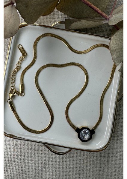 Italyan Zincirde Siyah Mineli Ortası Taşlı Çelik Kolye 45CM