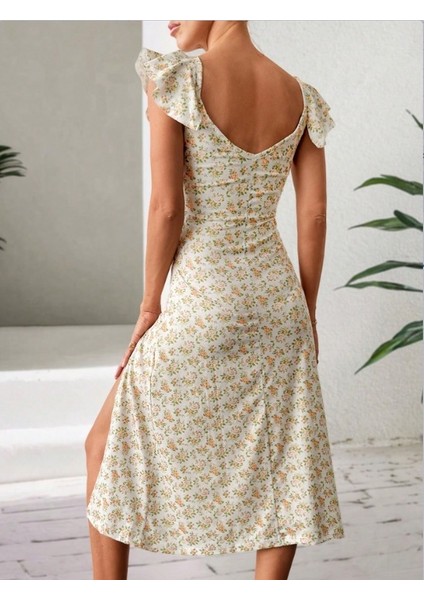 Kadın Kısa Kollu Çiçek Desen Yırtmaçlı Süprem Elbise fiyatları