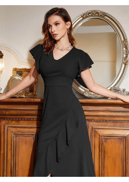 Kadın Kolları Ve Eteği Volanlı Ithal Krep Elbise fiyatları