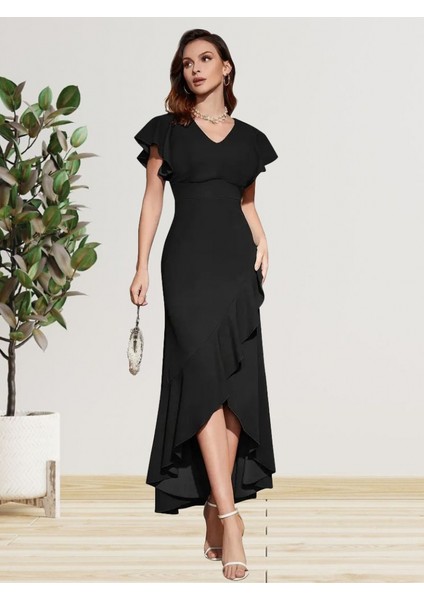 Kadın Kolları Ve Eteği Volanlı Ithal Krep Elbise indirimleri
