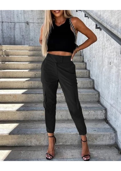 Kadın Bel Düğme Detaylı Paça Lastikli Kargo Pantolon modelleri